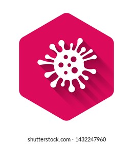 White Bacteria icon isolated with long shadow. Bacteria and germs, microorganism disease causing, cell cancer, microbe, virus, fungi. Pink hexagon button. Vector Illustration