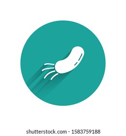 White Bacteria icon isolated with long shadow. Bacteria and germs, microorganism disease causing, cell cancer, microbe, virus, fungi. Green circle button. Vector Illustration