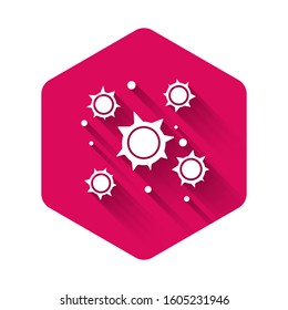 White Bacteria icon isolated with long shadow. Bacteria and germs, microorganism disease causing, cell cancer, microbe, virus, fungi. Pink hexagon button. Vector Illustration
