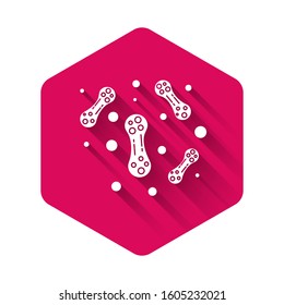White Bacteria icon isolated with long shadow. Bacteria and germs, microorganism disease causing, cell cancer, microbe, virus, fungi. Pink hexagon button. Vector Illustration