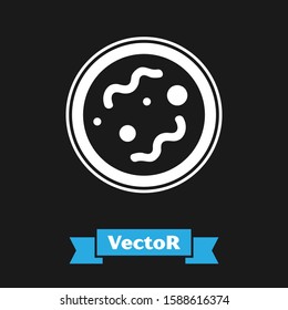 White Bacteria icon isolated on black background. Bacteria and germs, microorganism disease causing, cell cancer, microbe, virus, fungi.  Vector Illustration