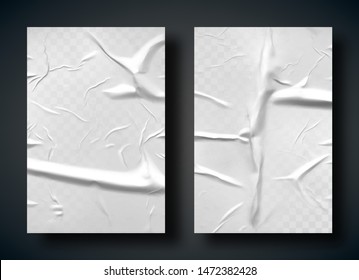 White bad glued paper realistic vector illustration. Set of wet wrinkled and creased paper sheets with crumpled texture, blank posters glued to street wall or advertising column, mock up for design