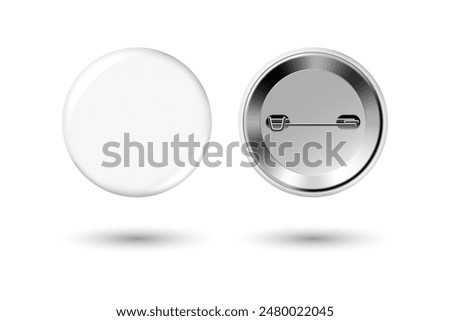 White badge mockup. Round badge button brooch. Realistic white blank glossy round button badge pin with metal back cover. Vector illustration.