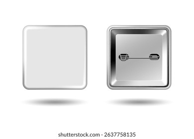 White badge mockup. Square badge button brooch. Realistic white blank glossy quadrilateral button badge pin with metal back cover. Vector illustration.
