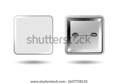 White badge mockup. Square badge button brooch. Realistic white blank glossy quadrilateral button badge pin with metal back cover. Vector illustration.