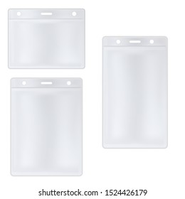 White badge vector mock up. Id card Lanyard holder template. Accreditation tag sachet. Employee identity pass blank. Realistic exhibitor event plastic cover. Person backstage access label