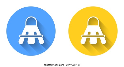White Badminton shuttlecock icon isolated with long shadow background. Sport equipment. Circle button. Vector