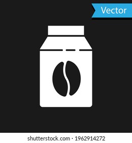 White Bag of coffee beans icon isolated on black background.  Vector