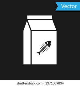 White Bag of food for cat icon isolated on black background. Fish skeleton sign. Food for animals. Pet food package. Vector Illustration