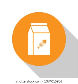 White Bag of food for cat icon isolated on orange background. Fish skeleton sign. Food for animals. Pet food package. Orange circle button. Vector Illustration