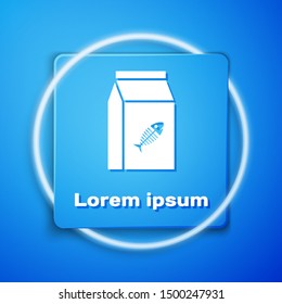 White Bag of food for cat icon isolated on blue background. Fish skeleton sign. Food for animals. Pet food package. Blue square button. Vector Illustration