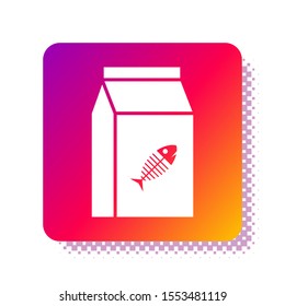 White Bag of food for cat icon isolated on white background. Fish skeleton sign. Food for animals. Pet food package. Square color button. Vector Illustration