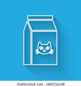 White Bag of food for cat line icon isolated with long shadow. Food for animals. Pet food package. Vector Illustration