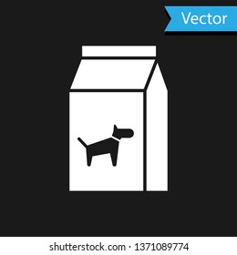 White Bag of food for dog icon isolated on black background. Food for animals. Pet food package. Vector Illustration