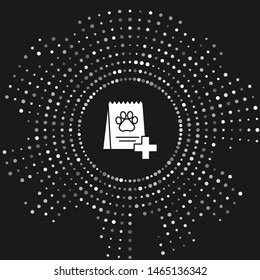 White Bag of food for dog icon isolated on grey background. Dog or cat paw print. Food for animals. Pet food package. Abstract circle random dots. Vector Illustration