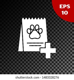 White Bag of food for dog icon isolated on transparent dark background. Dog or cat paw print. Food for animals. Pet food package.  Vector Illustration