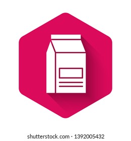 White Bag of food icon isolated with long shadow. Food for animals. Pet food package. Pink hexagon button. Vector Illustration