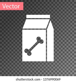 White Bag of food for pet icon isolated on transparent background. Food for animals. Dog bone sign. Pet food package. Vector Illustration