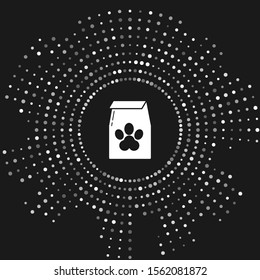 White Bag of food for pet icon isolated on grey background. Food for animals. Pet food package. Dog or cat paw print. Abstract circle random dots. Vector Illustration