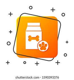 White Bag of food for pet icon isolated on white background. Food for animals. Dog bone sign. Pet food package. Orange square button. Vector Illustration