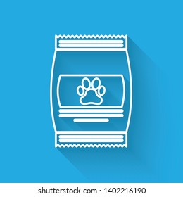 White Bag of food for pet line icon isolated with long shadow. Food for animals. Pet food package. Dog or cat paw print. Vector Illustration