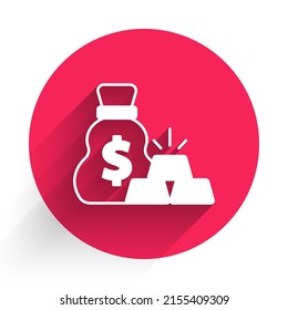 White Bag of gold bars icon isolated with long shadow background. Sack with golden bars. Red circle button. Vector
