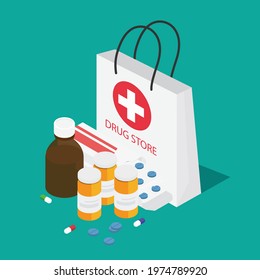 White bag with pills, capsules blisters, glass bottles with liquid medicine  plastic tubes with caps. Drug medication  supplements collection. Pharmacy or drug store. Vector illustration