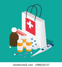 White bag with pills, capsules blisters, glass bottles with liquid medicine  plastic tubes with caps. Drug medication  supplements collection. Pharmacy or drug store. Vector illustration