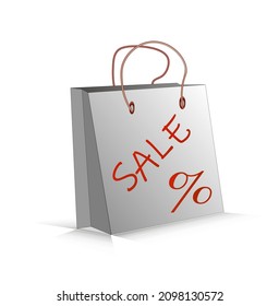 white bag with red handles and the inscription sale