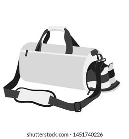 White Bag And SNEAKERS In Sport Athletic Style. Fitness Training Mockup Bag With Opened Pocket. Vector Illustration