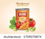 White baked beans in tomato sauce tin ready to eat realistic advertising composition with lettuce  vector illustration 