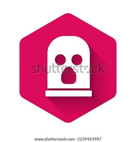 White Balaclava icon isolated with long shadow. A piece of clothing for winter sports or a mask for a criminal or a thief. Pink hexagon button. Vector
