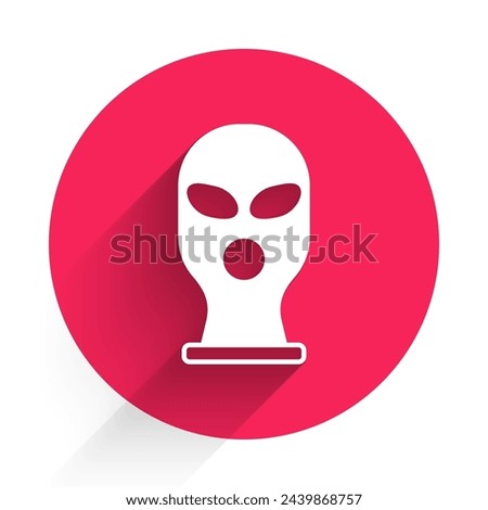 White Balaclava icon isolated with long shadow. A piece of clothing for winter sports or a mask for a criminal or a thief. Red circle button. Vector
