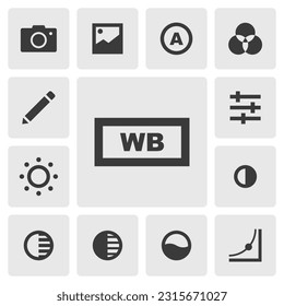 White balance icon vector design. Simple set of photo editor app icons silhouette, solid black icon. Phone application icons concept. Color, brightness, contrast, white, shadow, saturation buttons