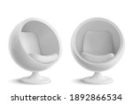 White ball chair, designers furniture for modern stylish house or office interior in front and angle view. Vector realistic mockup of empty egg armchair isolated on white background