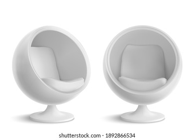 White ball chair, designers furniture for modern stylish house or office interior in front and angle view. Vector realistic mockup of empty egg armchair isolated on white background