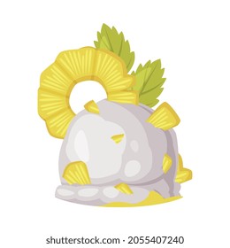White Ball of Ice Cream with Pineapple Topping Vector Illustration