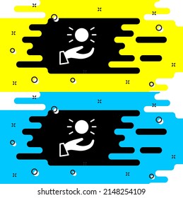 White Ball levitating above hand icon isolated on black background. Levitation symbol.  Vector