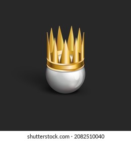 White ball shape abstract head queen or king with wearing a golden crown isolated on black background. Realistic vector 3d artwork design clip art.