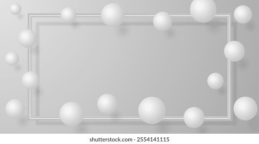 White Ball And Silver Frame On Gray Background. Copy Space. Technology Banner. Vector Illustration. Abstract Business Wallpaper. Minimal