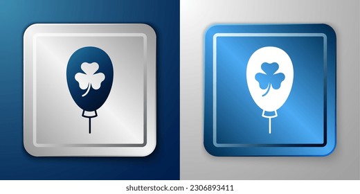 White Balloon with clover trefoil leaf icon isolated on blue and grey background. Happy Saint Patricks day. National Irish holiday. Silver and blue square button. Vector