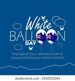 White Balloon Day event campaign banner.  White balloons depicting a map and the Australian flag with bold text on dark turquoise background to commemorate on September 10th in Australia