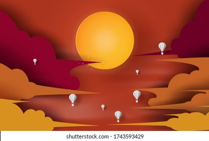 White Balloon flying hot air at sunset over cloud on orange sky background. Beautiful evening sunlight. Landscape Traveling summer season. Time to travel banner or poster design paper art and craft.