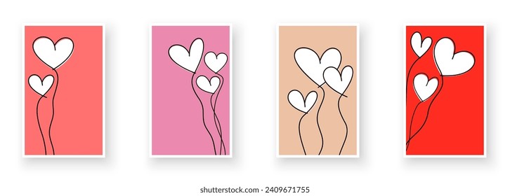 White balloon hearts, wavy line art drawing on colourful paper backgrounds. Happy Valentine's day card or banner or letter template. Vector illustration