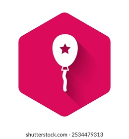 White Balloon with ribbon icon isolated with long shadow background. Pink hexagon button. Vector
