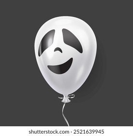 Globo blanco con la cara sonriente del fantasma negro Ilustración vectorial realista. Invitaciones de fiesta de Halloween Imagen de objetos 3d sobre fondo negro