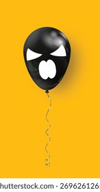 A white balloon with a spooky skeleton face floats against a vibrant yellow background, perfect for Halloween celebrations.