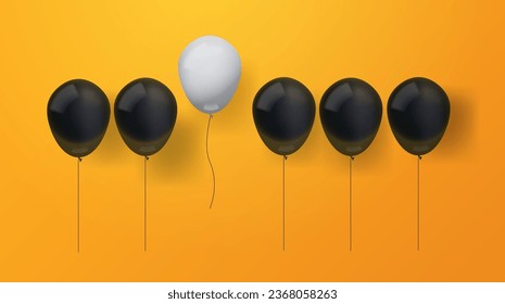 El globo blanco se destaca entre los globos negros. Concepto de elección o singularidad. Ilustración vectorial realista