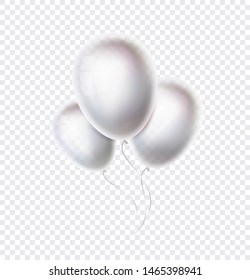 White balloons bunch and group isolated on transparent background. For birthday or party. For poster, celebration or invitation. Realistic ballon and decoration. Flying. Vector illustration.