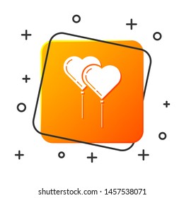 White Balloons in form of heart with ribbon icon isolated on white background. Orange square button. Vector Illustration